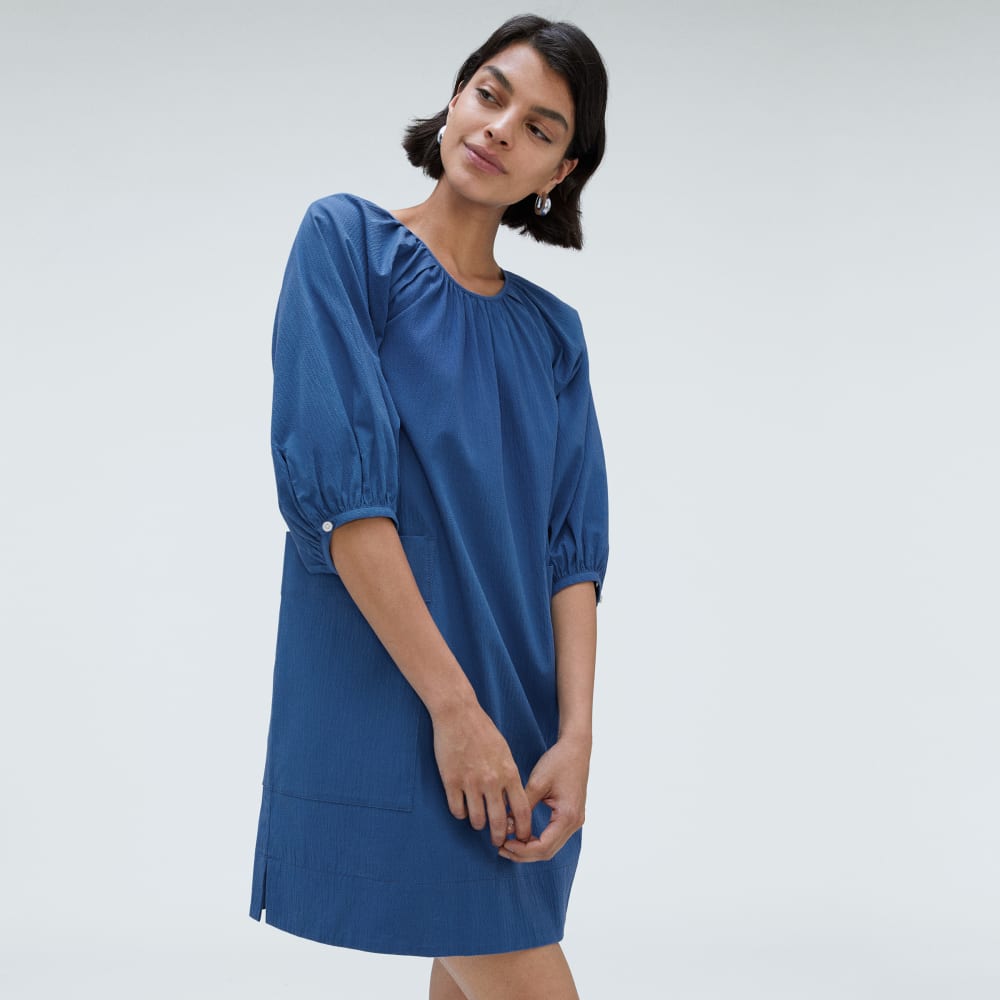 The Seersucker Puff Sleeve Dress | Deep Blue