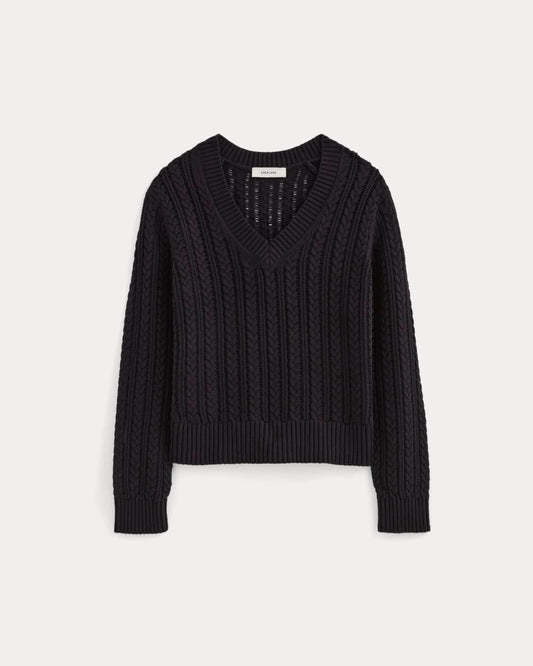 The Mesh Cable V-Neck in Everyday Cotton | Black
