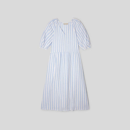 The Linen Oversized Puff-Sleeve Dress | Blue / White