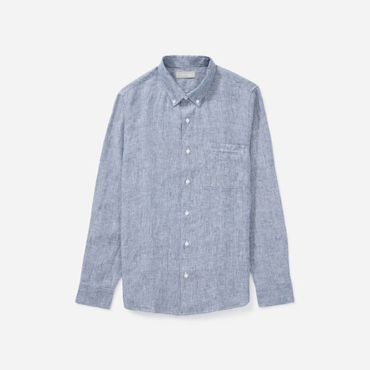 The Classic Shirt in Linen | Blue / White Pinstripe