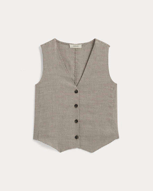 The Vest in Stretch Linen | Deep Taupe Mini Gingham