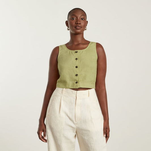 The Linen Button-Front Crop Tank | Leek