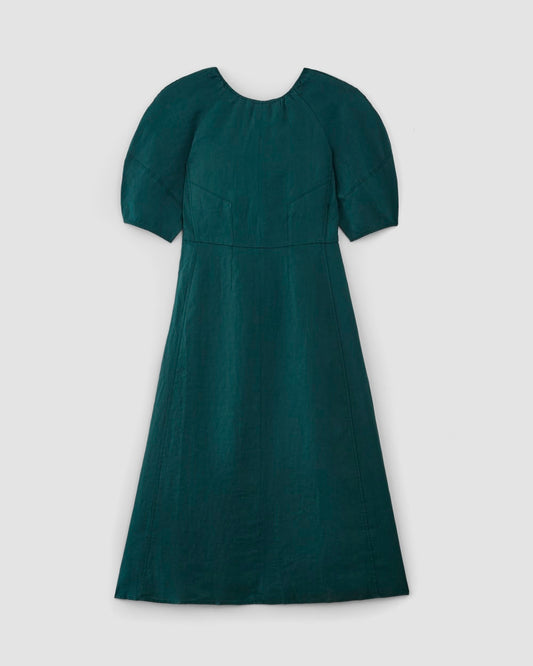 The Linen Short-Sleeve Scoop Midi Dress | Dark Sea