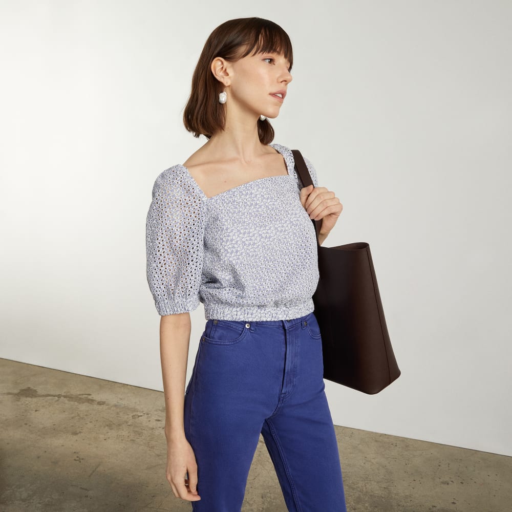 The Eyelet Puff Sleeve Top | Deep Blue / White