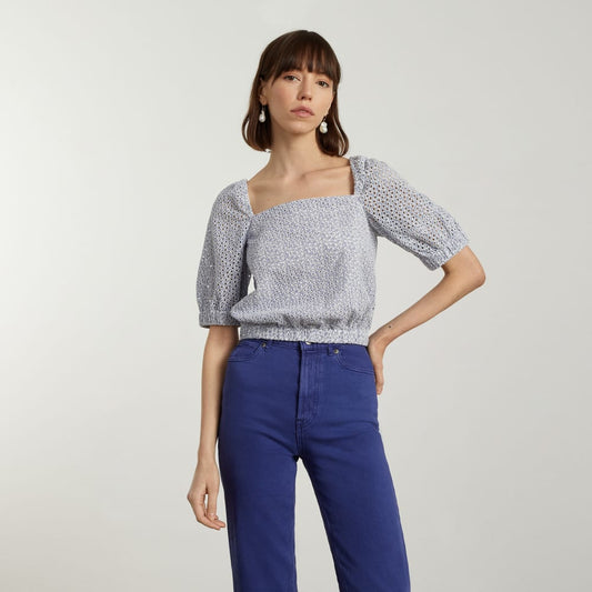 The Eyelet Puff Sleeve Top | Deep Blue / White