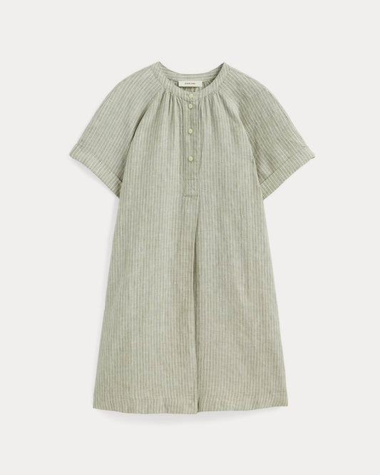The Popover Dress in Linen | Oil Green / White