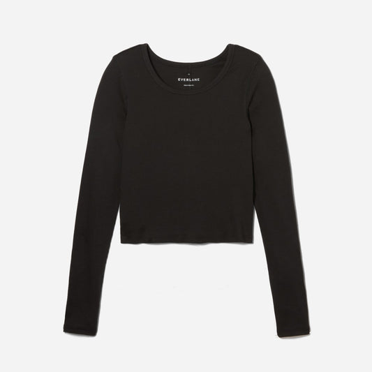 The Pima Micro-Rib Cropped Long-Sleeve Crew | Black