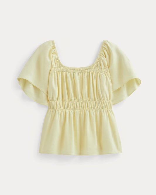The Flutter-Sleeve Top in Stretch Linen | Light Yellow