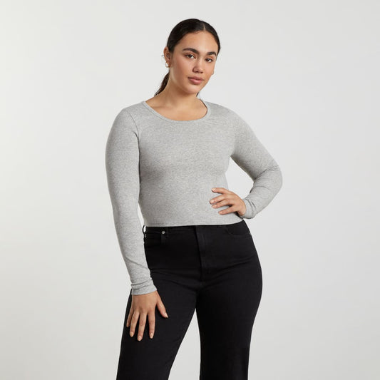 The Pima Micro-Rib Cropped Long-Sleeve Crew | Heathered Grey