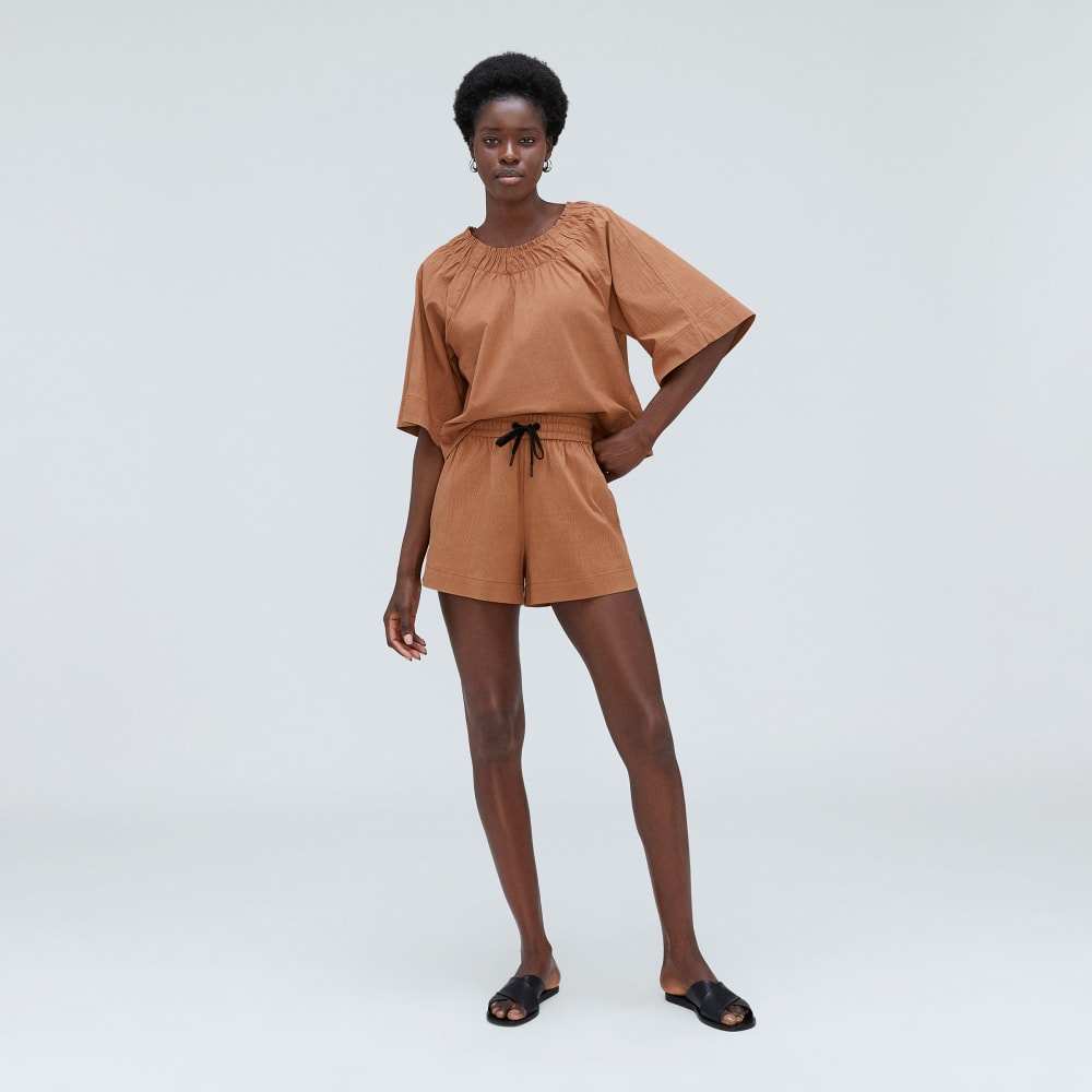 The Seersucker Gathered Tee | Tawny Brown