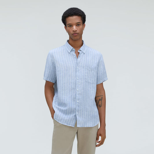 The Classic Short-Sleeve Shirt in Linen | Blue / White