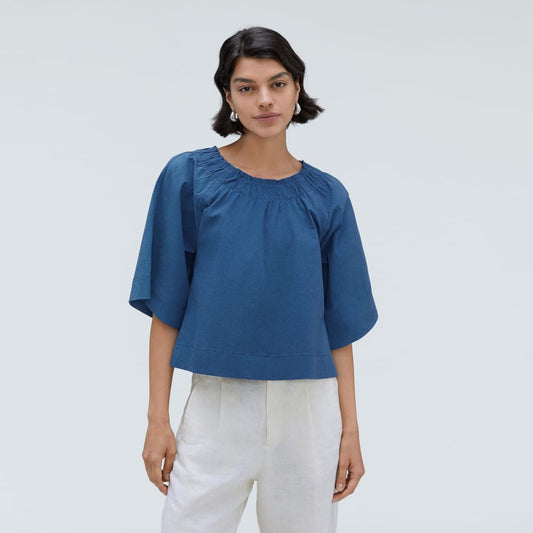 The Seersucker Gathered Tee | Deep Blue