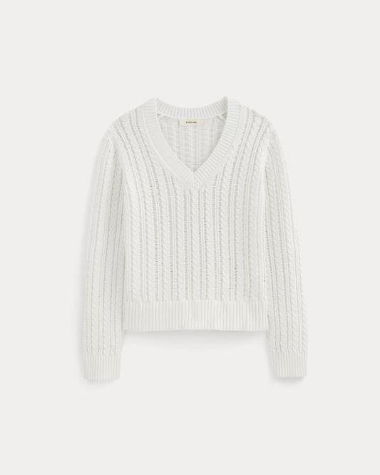 The Mesh Cable V-Neck in Everyday Cotton | White