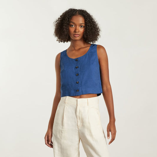 The Linen Button-Front Crop Tank | Deep Blue
