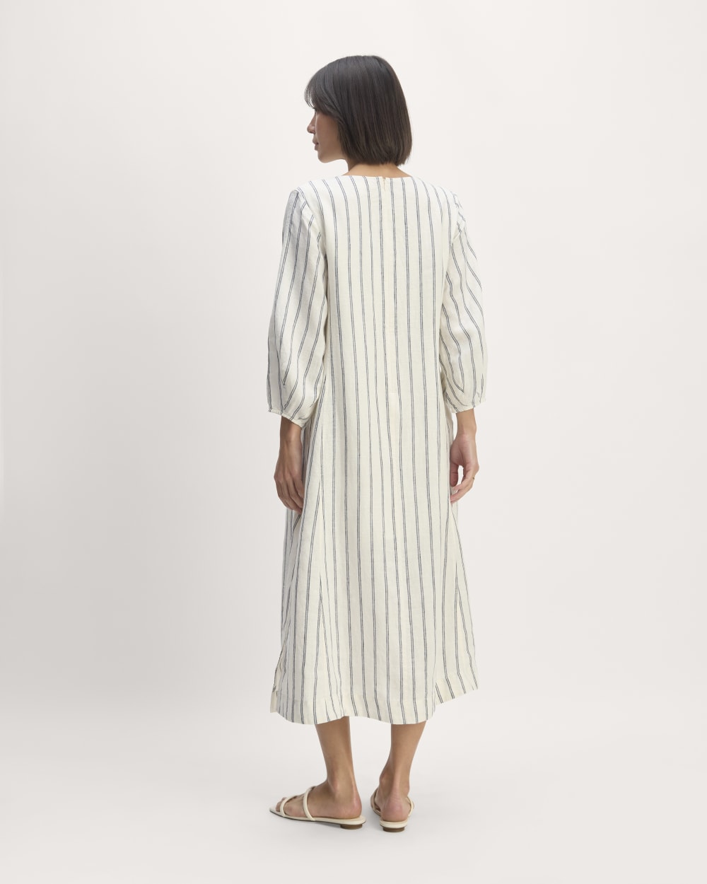 The Linen A-Line Midi Dress | Bone / Navy