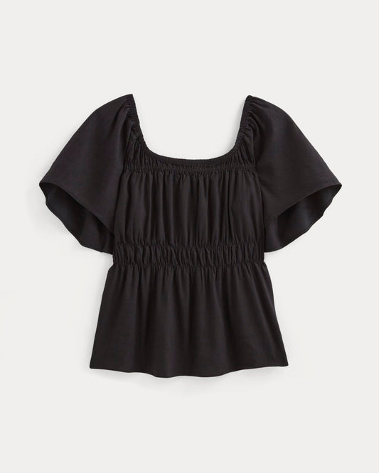 The Flutter-Sleeve Top in Stretch Linen | Black