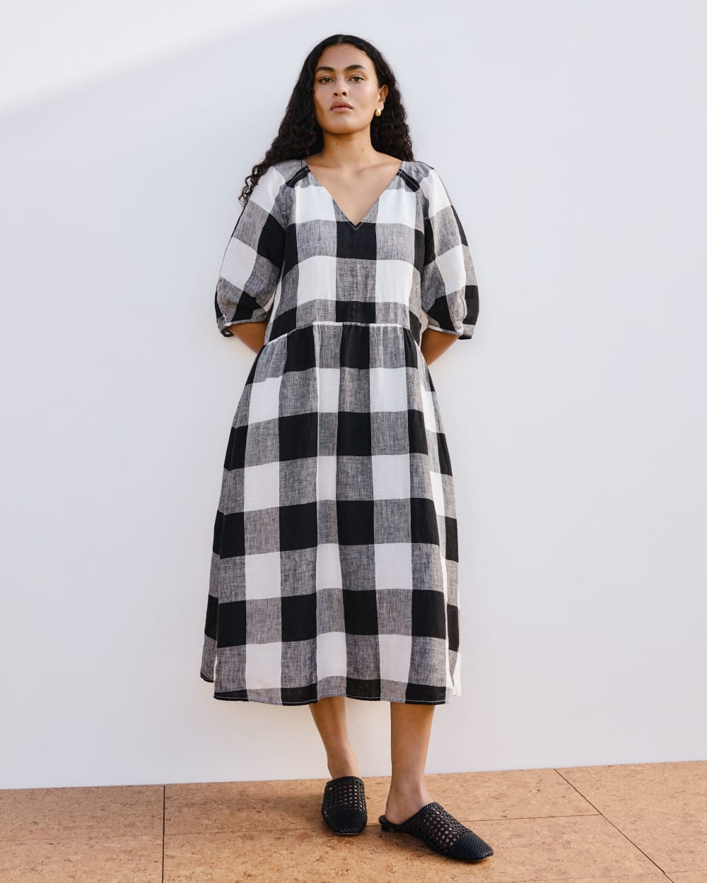 The Linen Oversized Puff-Sleeve Dress | Bone / Black Check