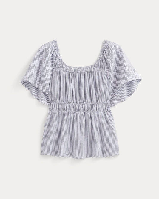 The Flutter-Sleeve Top in Stretch Linen | White / Dutch Blue