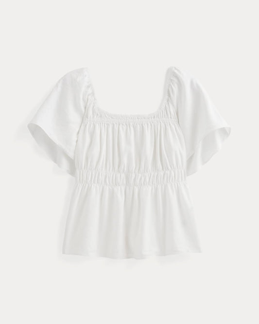 The Flutter-Sleeve Top in Stretch Linen | White