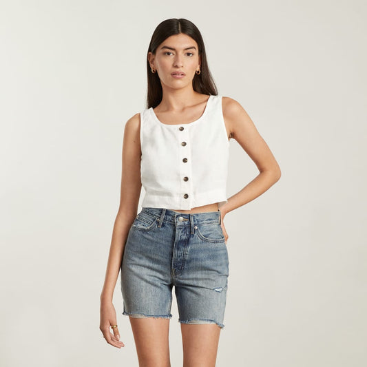 The Linen Button-Front Crop Tank | White