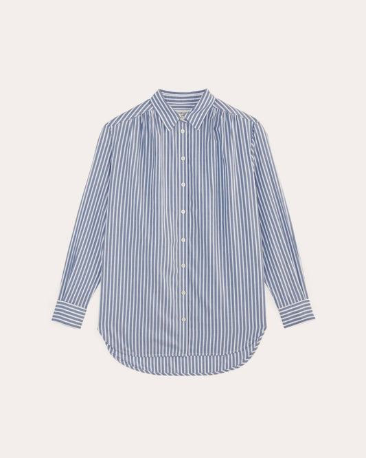 The Gathered Shirt in Silky Cotton | Bone / Mazarine Blue