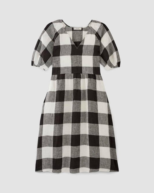 The Linen Oversized Puff-Sleeve Dress | Bone / Black Check