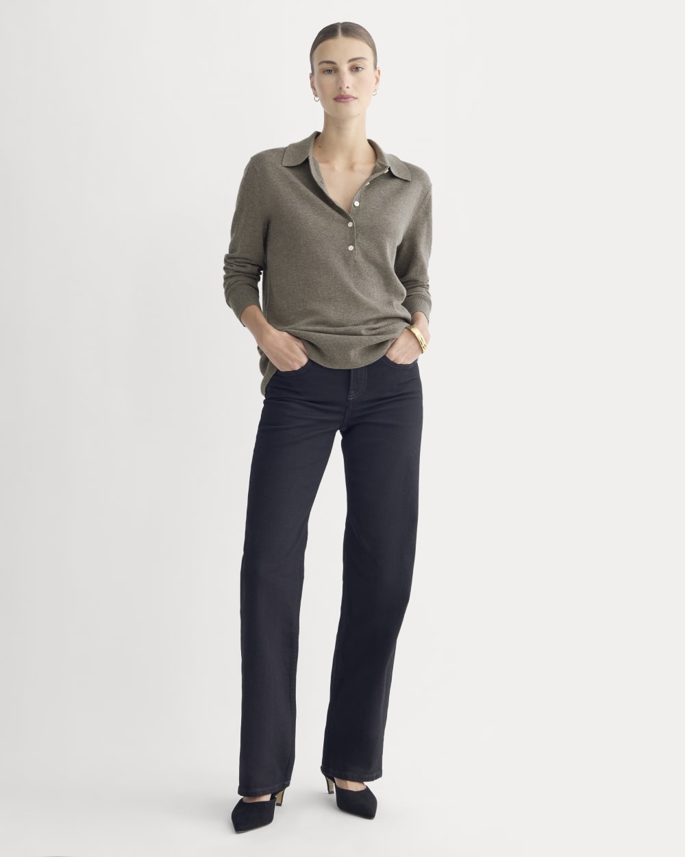 Oversized Polo Sweater in Cotton Merino | Heather Ash Taupe