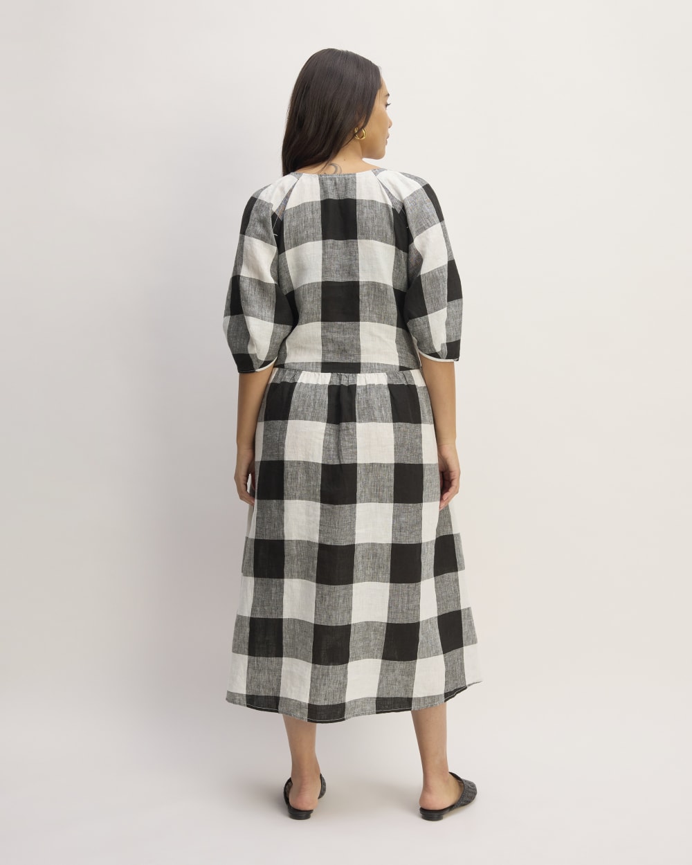 The Linen Oversized Puff-Sleeve Dress | Bone / Black Check
