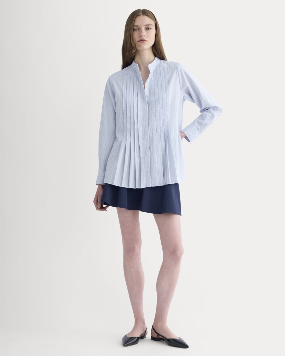 The Pleated Shirt in Silky Cotton | Forever Blue / Optic White