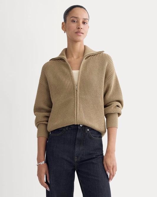 The Full-Zip Sweater in Everyday Cotton | Dark Heathered Camel