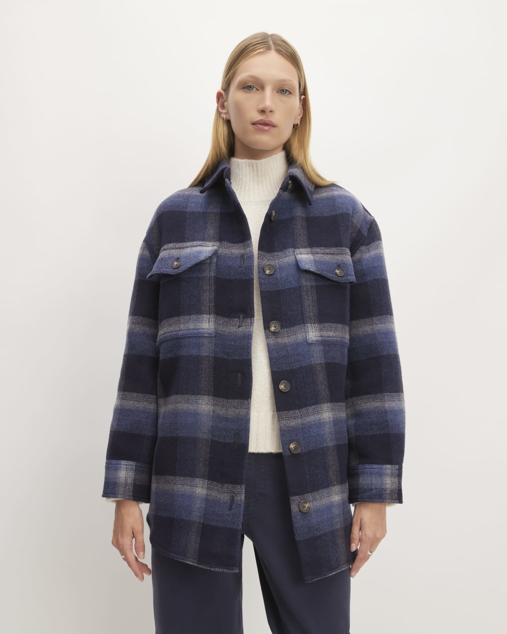 The Italian ReWool® Oversized Shirt Jacket | Navy / Shadow Plaid