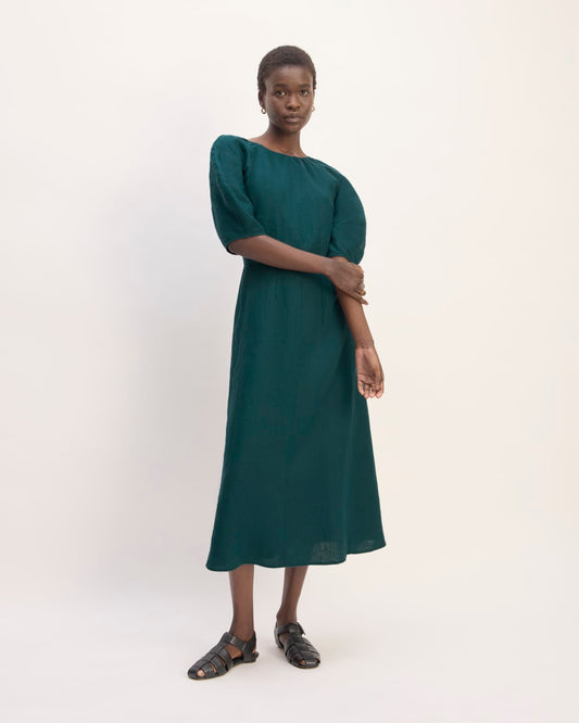 The Linen Short-Sleeve Scoop Midi Dress | Dark Sea