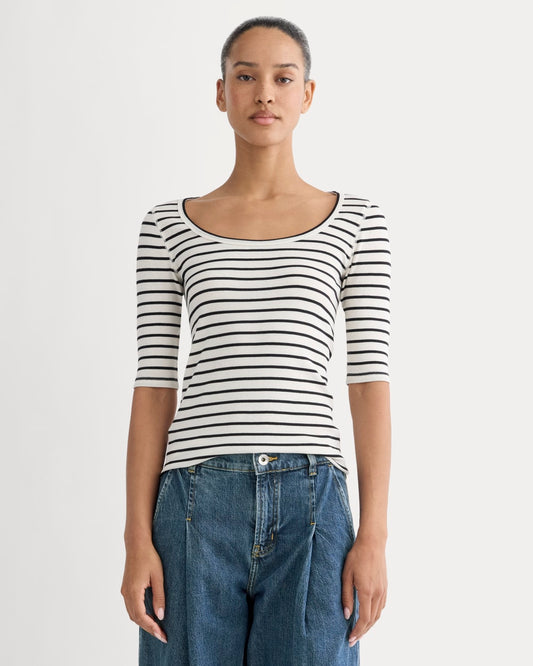 The Luxe Rib Scoop-Neck Tee | Bone / Black