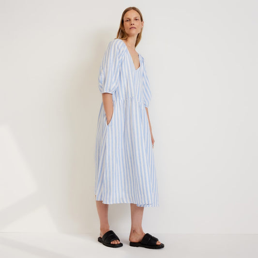 The Linen Oversized Puff-Sleeve Dress | Blue / White