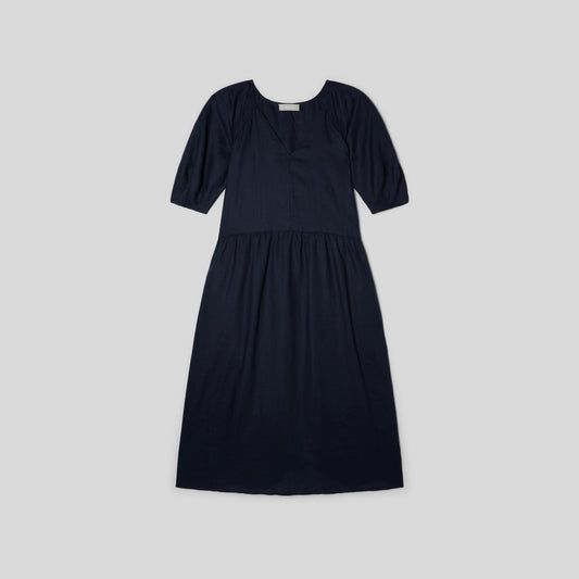 The Linen Oversized Puff-Sleeve Dress | Navy
