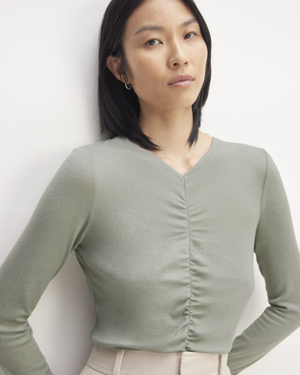 The Ruched V-Neck Tee in Butterluxe | Sage Green