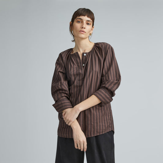 The Silky Cotton Balloon Sleeve Top | Chocolate Brown / Black