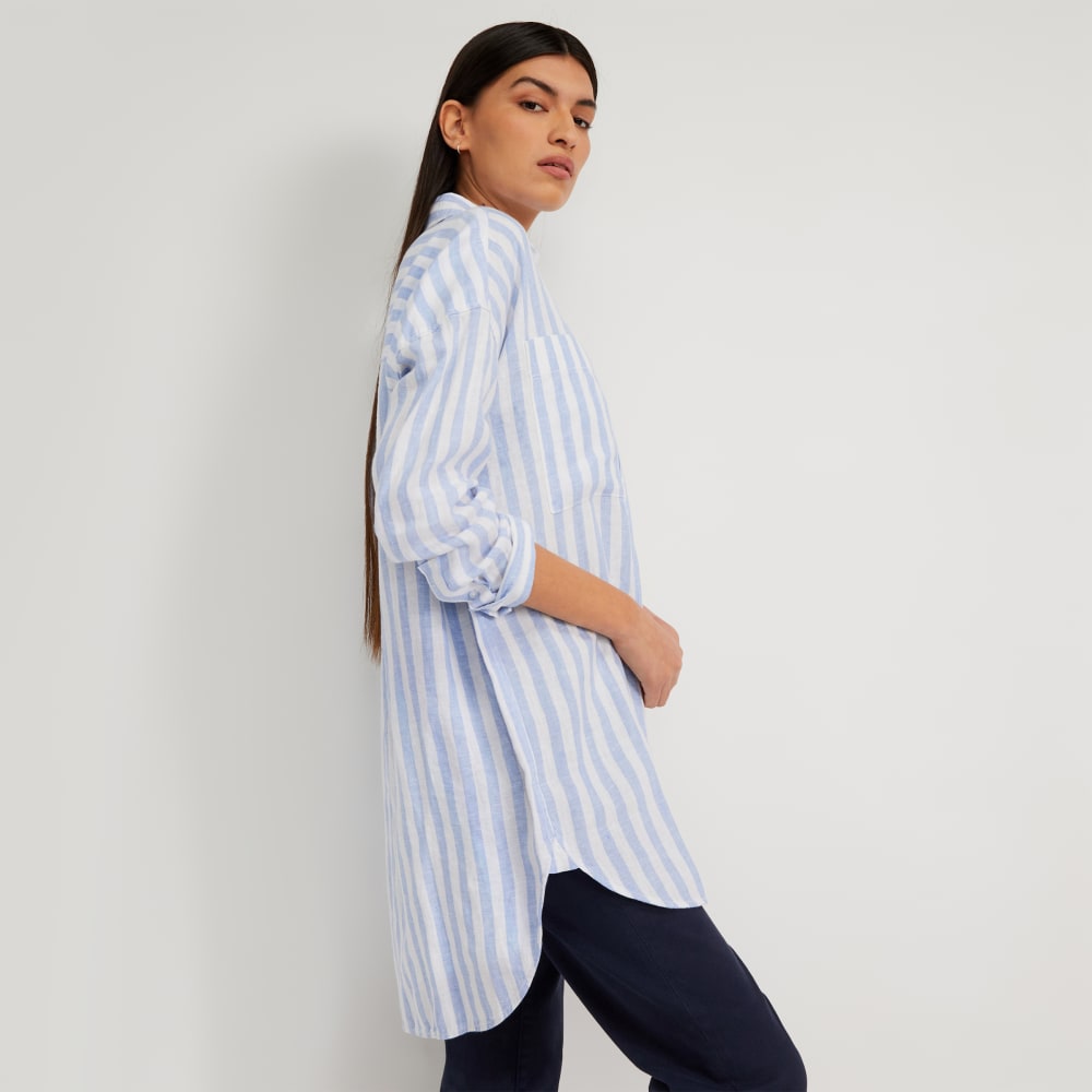 The Way-Long Linen Shirt | Blue / White