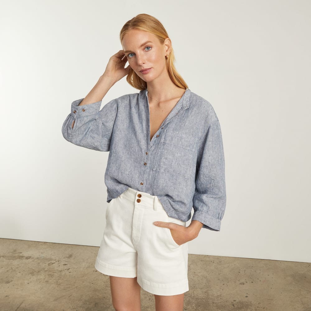 The Linen Billow Blouse | Blue Pinstripe