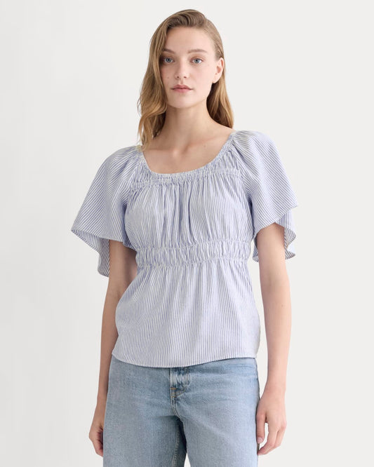The Flutter-Sleeve Top in Stretch Linen | White / Dutch Blue