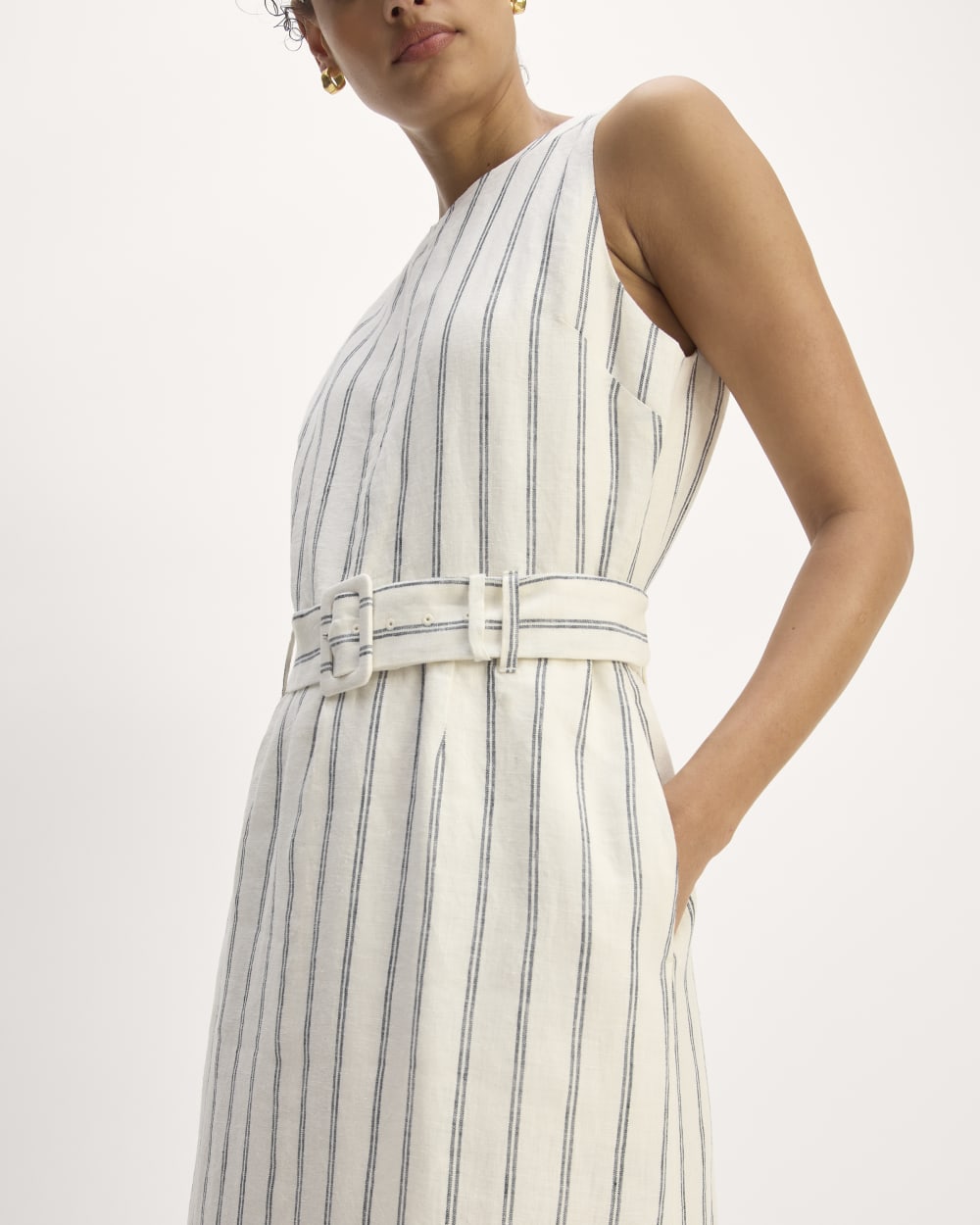 The Linen Belted Midi Dress | Bone / Navy
