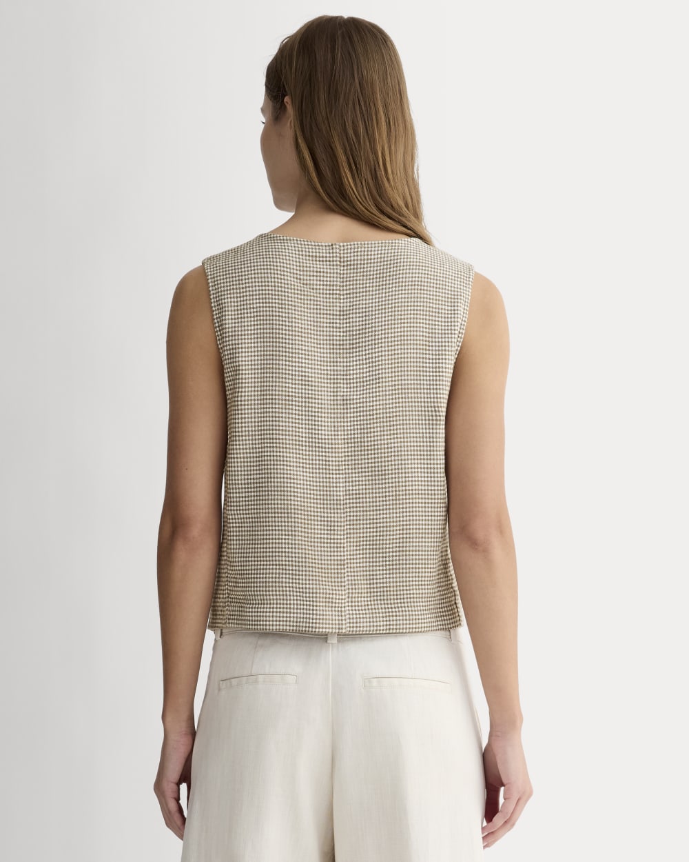 The Vest in Stretch Linen | Deep Taupe Mini Gingham
