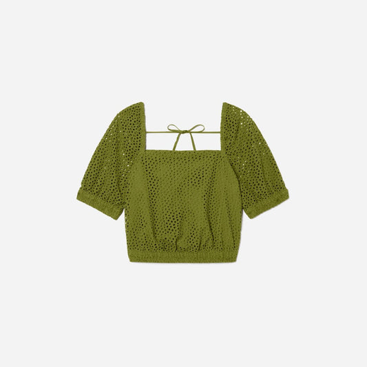The Eyelet Puff Sleeve Top | Moss
