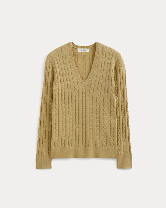 The Cable V-Neck in Cotton Cashmere | Classic Khaki