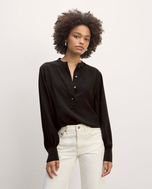 The Henley Shirt in Washable Silk | Black
