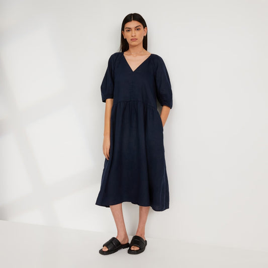 The Linen Oversized Puff-Sleeve Dress | Navy