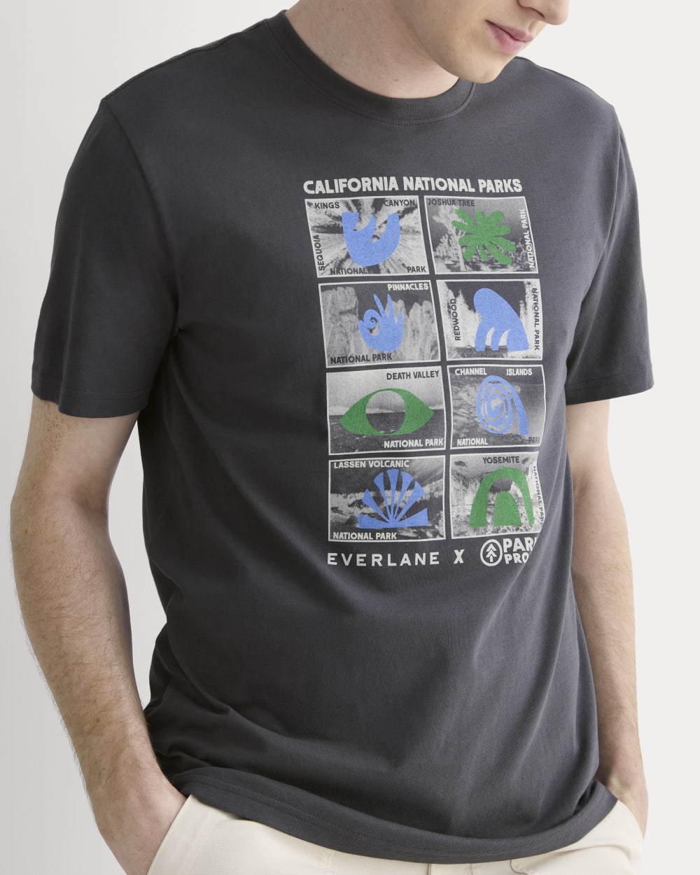 The Everlane x Parks Project Essential Organic Crew | Forged Iron / Natural / Granada Sky Blue / Green