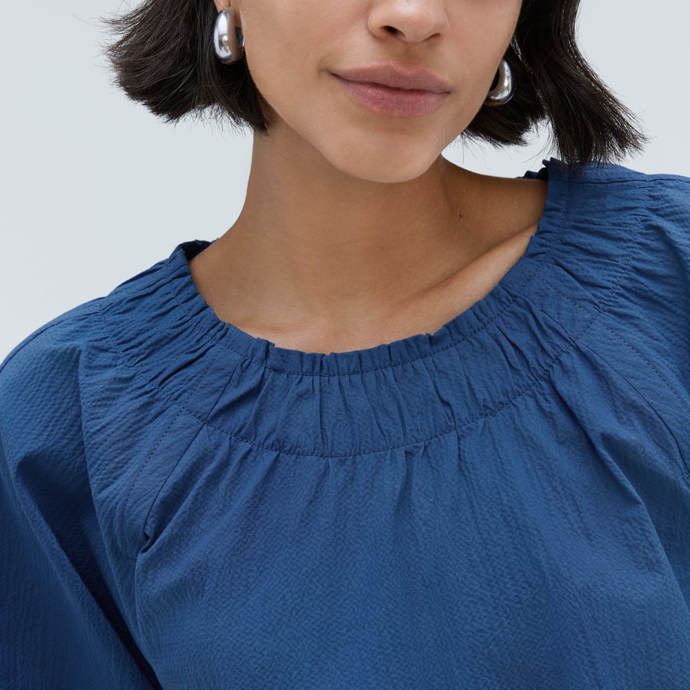 The Seersucker Gathered Tee | Deep Blue