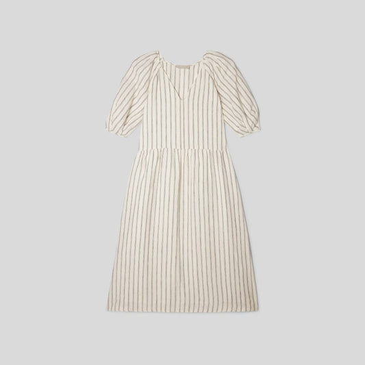 The Linen Oversized Puff-Sleeve Dress | Black / Canvas Tan