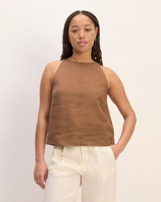 The Linen High-Neck Tank | Carob Brown